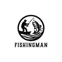 pescar deporte logo ilustración con grande pez, pescar hombre con grande pescado vector