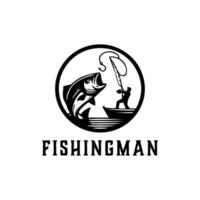 pescar deporte logo ilustración con grande pez, pescar hombre con grande pescado vector