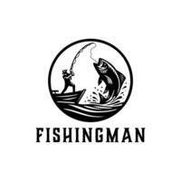 fishing sport logo Illustration with Big fish, Fishing man with big fish vector