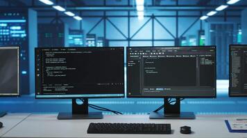 Code running on computer screens in empty data center workspace, used for troubleshooting rackmounts. Close up of script working on desktop PC monitors upgrading mainframes systems in server room video