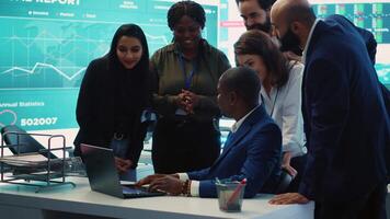 Diverse business employees group celebrate a successful outcome, obtaining more expansion funds and sharing a high five with all the staff members. Pleased workers enjoying success. Camera A. video