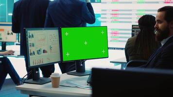 General director reads insight about a new expansion strategy on pc, mockup screen in enterprise office. Analyst presenting reports and infographics to analyze business activity status. Camera A. video