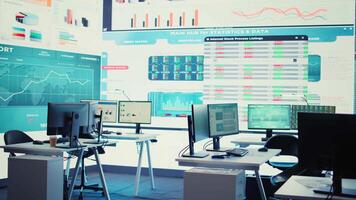 Empty telecommunications company system control and monitoring room, coworking space equipped with a big screen to follow and monitor enterprise statistics or progress. Camera B. video