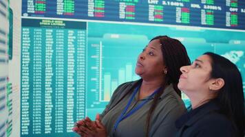 Enterprise colleagues reviewing efficiency and performance metrics within the organization, giving project insight. Partners evaluating statistics and data reports on a big screen. Camera B. video