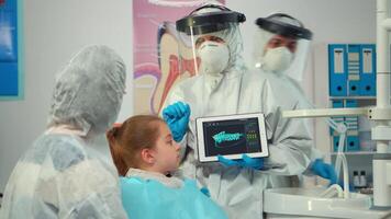 Dentist with ppe suit pointing on digital screen explaining x-ray to mother of girl patient. Medical team and patients wearing face shield coverall, mask, gloves, showing radiography using notebook video