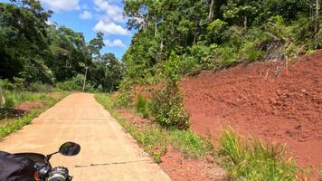en cyklist är ridning en motorcykel snabb på en små betong väg i de skog video