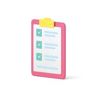 Checklist with clipboard fill form checkbox examining document 3d icon realistic illustration vector