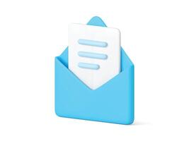 Paper letter in open blue envelope mail message correspondence delivery 3d icon realistic vector