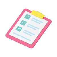 Checklist checkbox choice pink clipboard document organizer page to do task 3d icon realistic vector