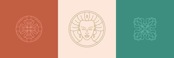 line decoration design elements set - female face and rose illustrations simple linear style vector