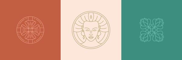 line decoration design elements set - female face and rose illustrations simple linear style vector