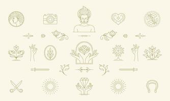 line feminine decoration design elements set - women face and gesture hands illustrations simple linear style vector