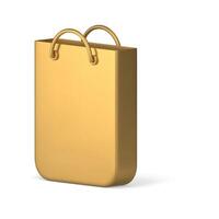 Golden shopping bag with handles purchase goods buying take away carrying isometric 3d icon vector