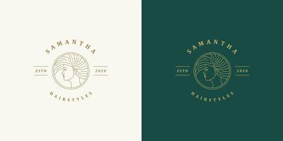 Beautiful female line face with fluttering hairs logo emblem design template illustration simple linear style vector