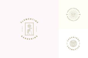 line logos emblems design templates set - female gesture hand and rose flower illustrations simple linear style vector