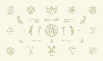 line women decoration design elements set - women face and gesture hands illustrations simple linear style vector