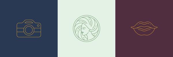 line decoration design elements set - female face and lips illustrations simple linear style vector