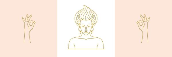 line decoration design elements set - female face and gesture hands illustrations minimal linear style vector