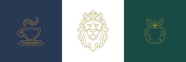 line elegant decoration design elements set - lion head and apple illustrations linear style vector