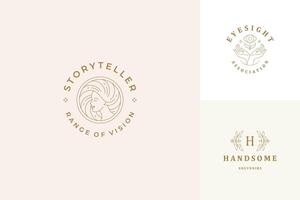 line logos emblems design templates set - female face and gesture hands illustrations simple minimal linear style vector