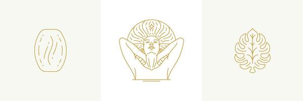 line decoration design elements set - female face and monstera leaf illustrations simple linear style vector