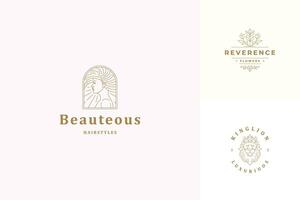 line logos emblems design templates set - female face and lion head illustrations simple minimal linear style vector