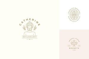 line logos emblems design templates set - female face and flowers illustrations simple linear style vector