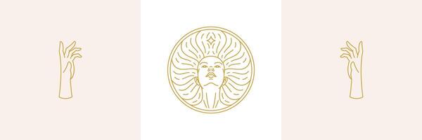 line minimal decoration design elements set - female face and gesture hands illustrations minimal linear style vector