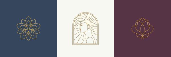 line decoration design elements set - female face and rose illustrations simple linear style vector