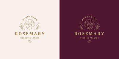 Rose flower petal line and branch with leaves logo emblem design template illustration simple linear style vector