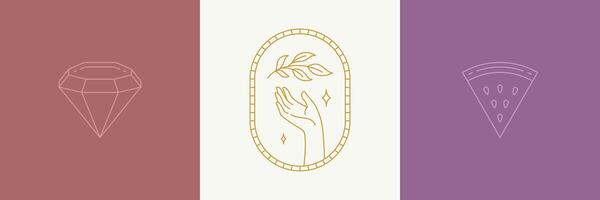 line decoration design elements set - leaves and gesture hand illustrations simple minimal linear style vector
