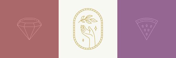 line decoration design elements set - leaves and gesture hand illustrations simple minimal linear style vector