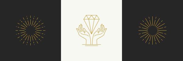 line minimal decoration design elements set - starburst and gesture hands illustrations simple linear style vector
