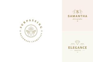 line logos emblems design templates set - female gesture hands and rose flower illustrations simple linear style vector