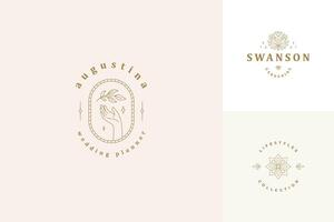 line logos emblems design templates set - female gesture hand and rose flower illustrations simple linear style vector