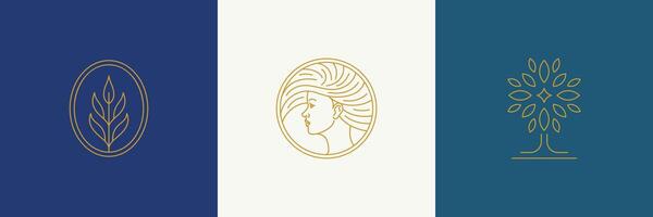 line decoration design elements set - female face and branch leaves illustrations simple linear style vector