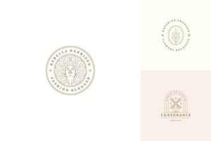 line logos emblems design templates set - female face and windmill illustrations simple minimal linear style vector