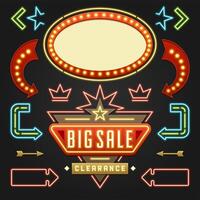 Retro Showtime Signs Design Elements Set. Bright Billboard Signage Light Bulbs vector