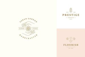 line logos emblems design templates set - female gesture hands and flower illustrations simple linear style vector