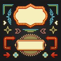 Retro Showtime Signs Design Elements Set. Bright Billboard Signage Light Bulbs vector