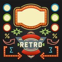 Retro American 1950s Sign Design Elements Set. Billboard Signage Light Bulbs. vector