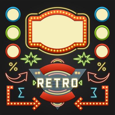 Retro American 1950s Sign Design Elements Set. Billboard Signage Light Bulbs.