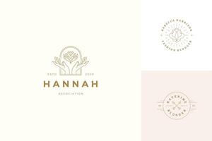 line logos emblems design templates set - female gesture hands and rose flower illustrations simple linear style vector