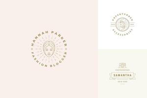 line logos emblems design templates set - female face and gesture hands illustrations simple minimal linear style vector