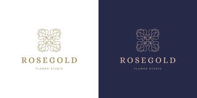 Rose flower petal line and branch with leaves logo emblem design template illustration minimal linear style vector