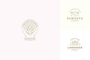 line logos emblems design templates set - female face and gesture hands illustrations simple minimal linear style vector