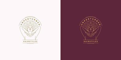 Beautiful female line face with fluttering hairs logo emblem design template illustration simple linear style vector