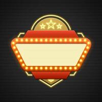 Retro Showtime Sign Design. Cinema Signage Light Bulbs Frame and Neon Lamps on brick wall background vector