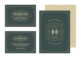 Set wedding invitations flourishes ornaments cards invite save the date with thank you and information design vector