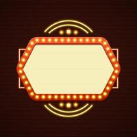 Retro Showtime Sign Design. Cinema Signage Light Bulbs Frame and Neon Lamps on brick wall background vector